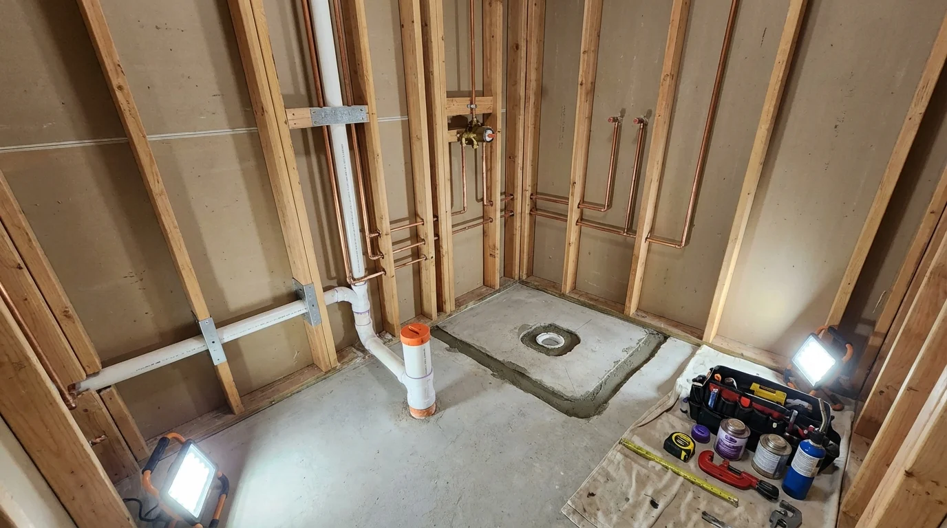Bathroom rough-in plumbing during remodel by Johns Plumbing LLC in Chester Heights