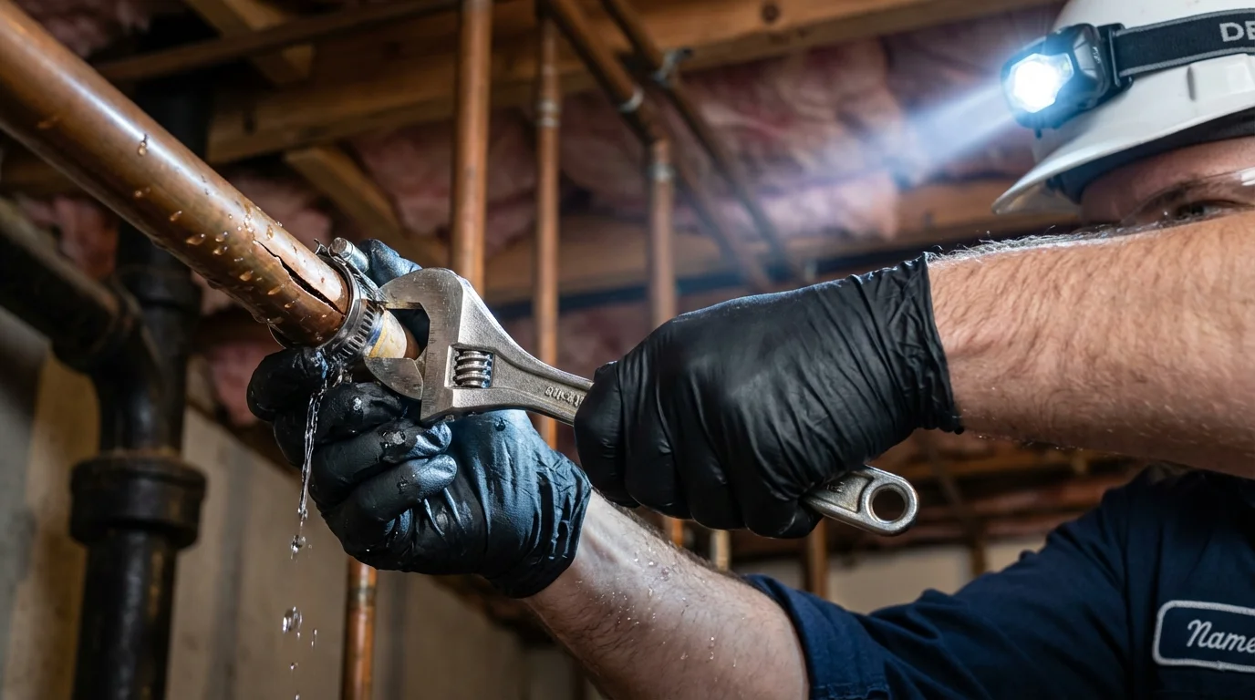 Emergency pipe clamp repair being performed by a Johns Plumbing LLC plumber in Chester Heights