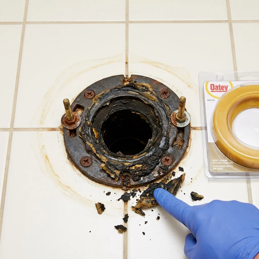 Failed wax ring showing water seepage at the base of a toilet in a Chester Heights, PA home