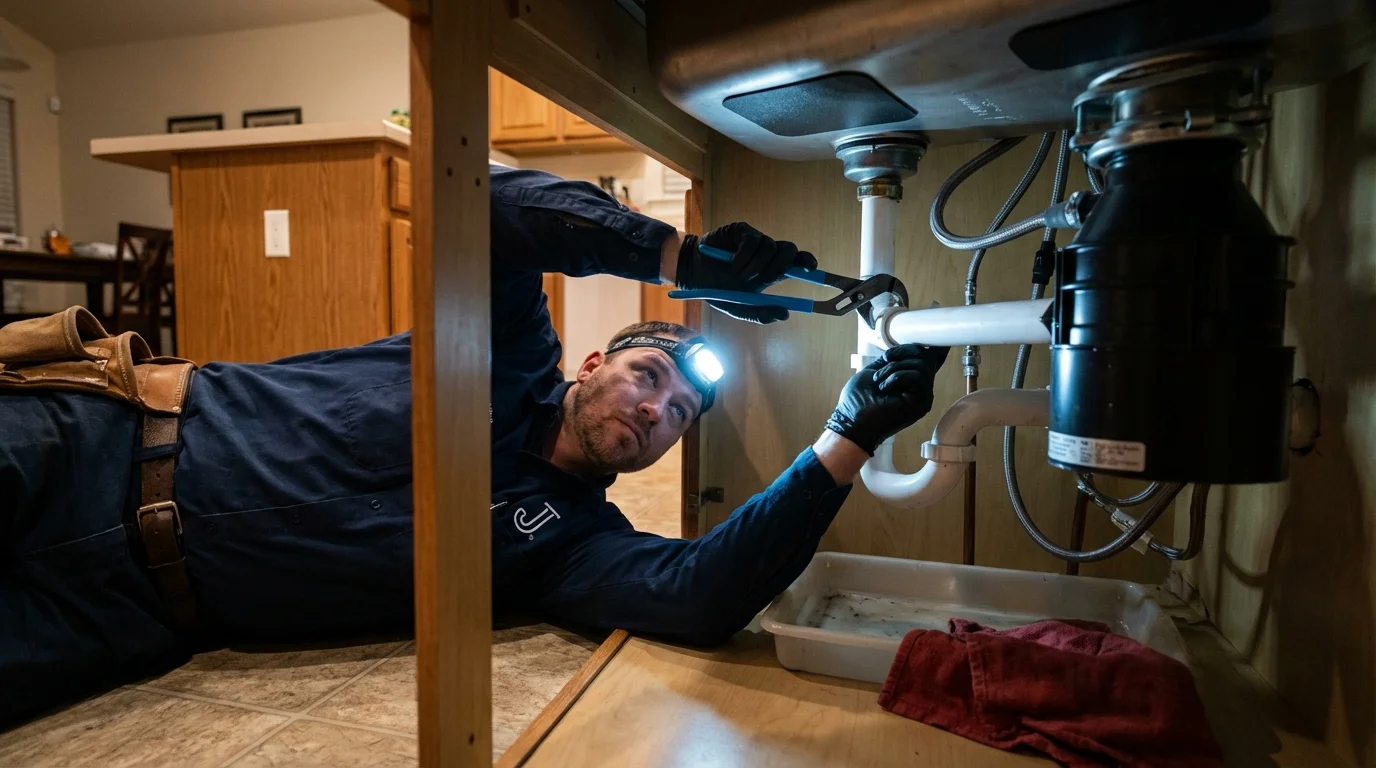 P-trap and supply line connections under a kitchen sink showing a common leak point in Chester Heights, PA